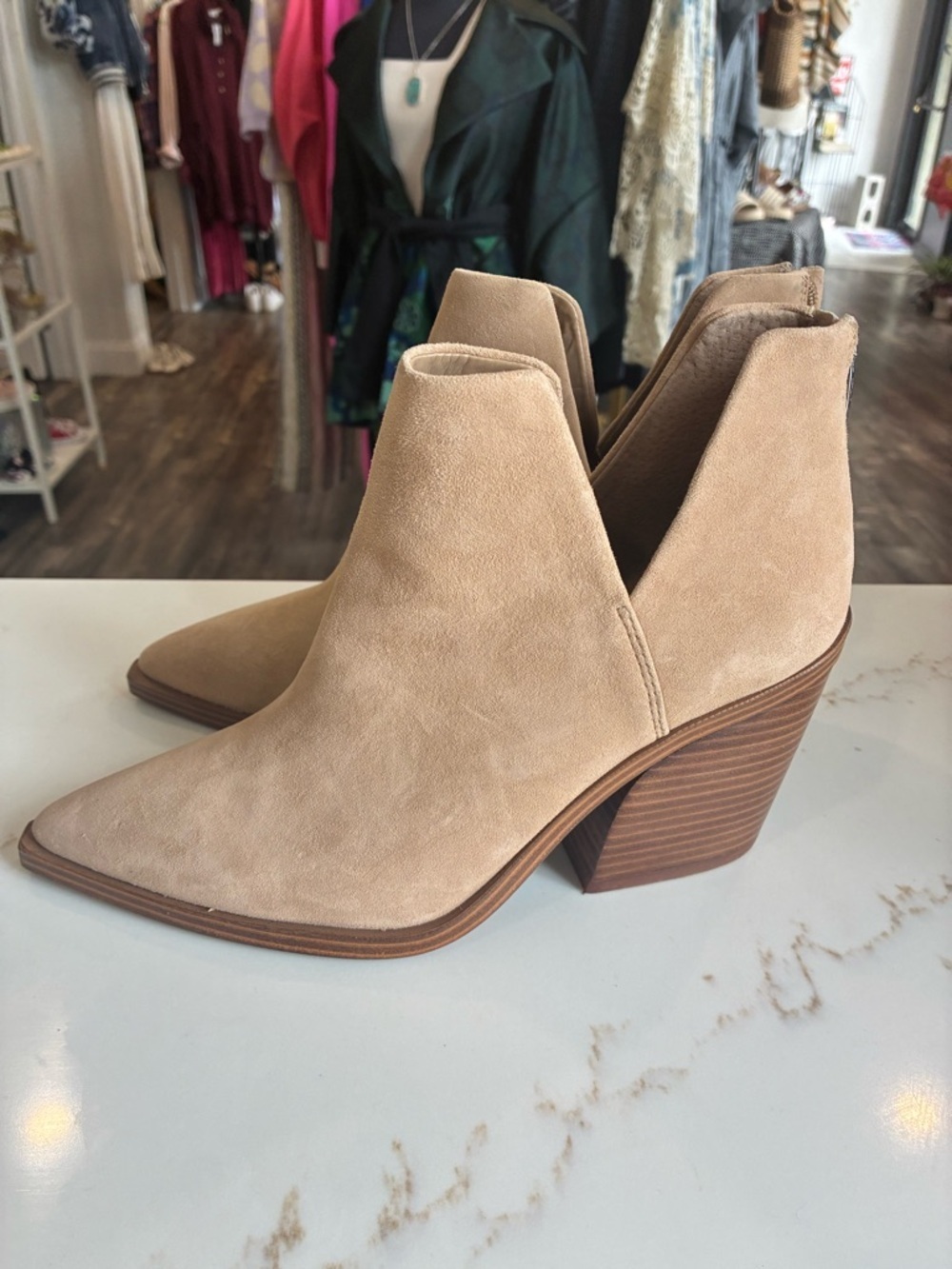 Vince Camuto Women’s Beige Suede Ankle Booties - Stylish Pointed Toe size 10